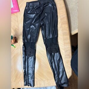 Black Faux Leather Leggings with Lace Detail